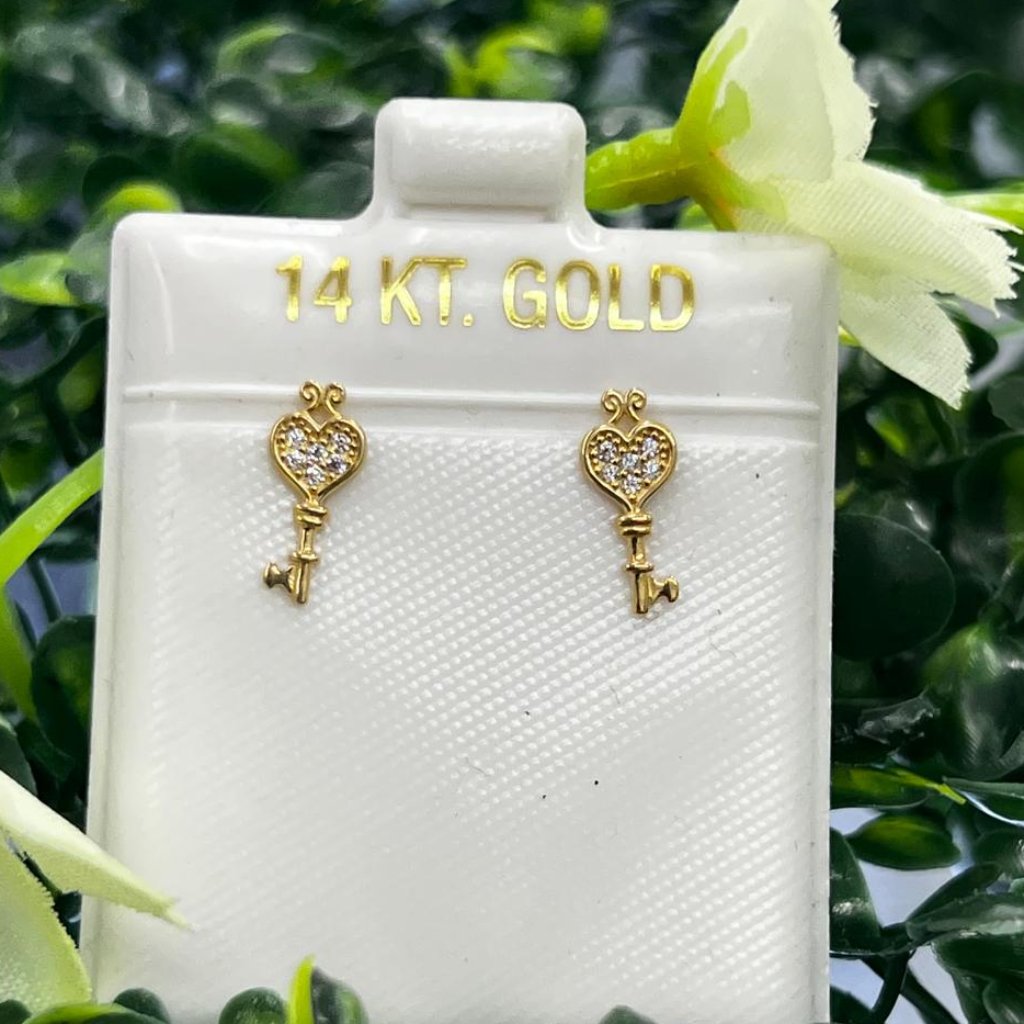 Brand New 14k Yellow Gold Heart Keys Stud Earrings 12x5mm Aretes Oro Mujer Nia